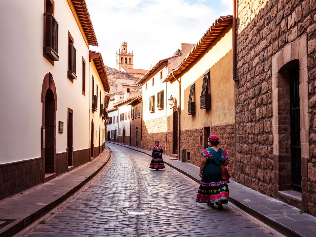 Rua histórica de pedra em Cusco com mulheres em trajes andinos coloridos