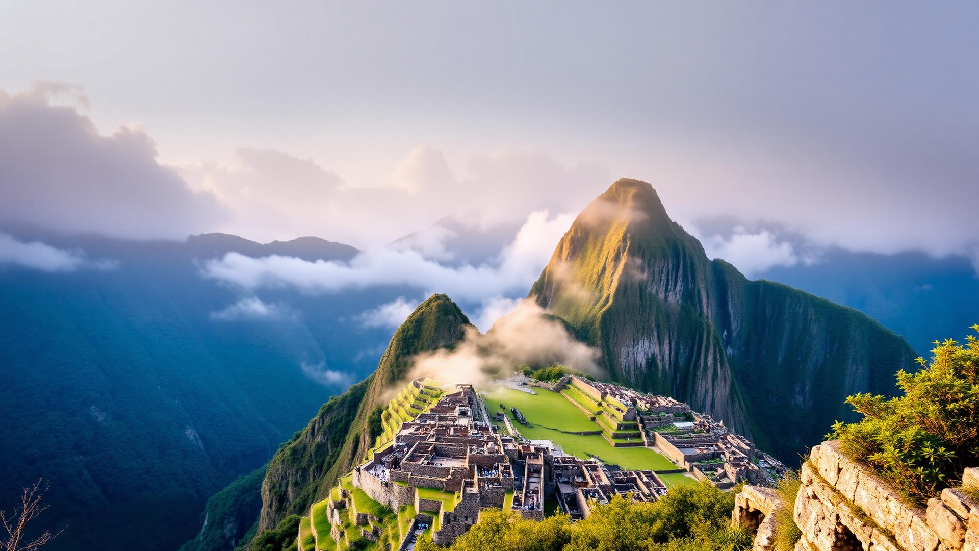 Machu Picchu envolto por nuvens ao amanhecer