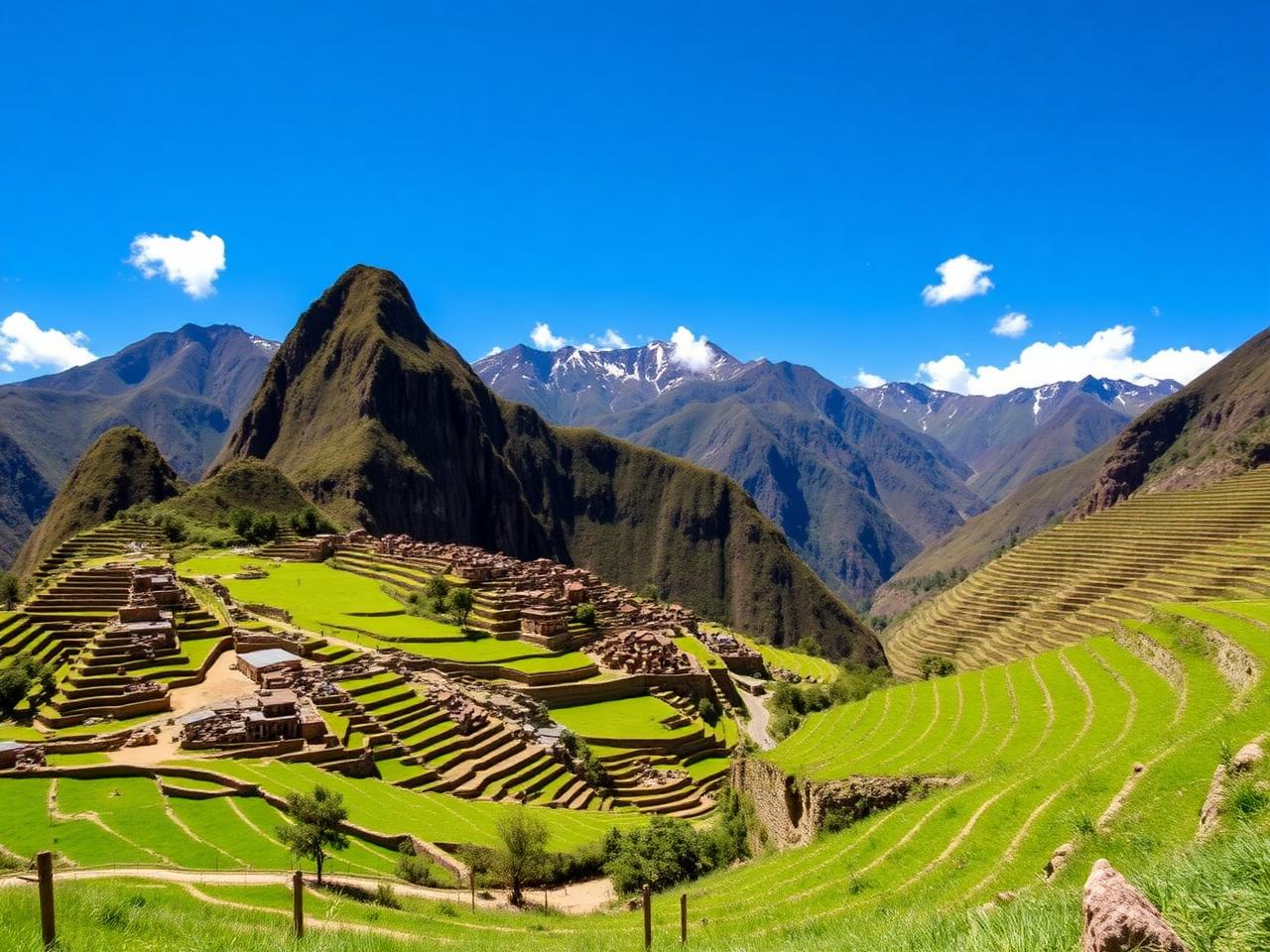 Vale Sagrado dos Incas com terraços verdes e montanhas andinas