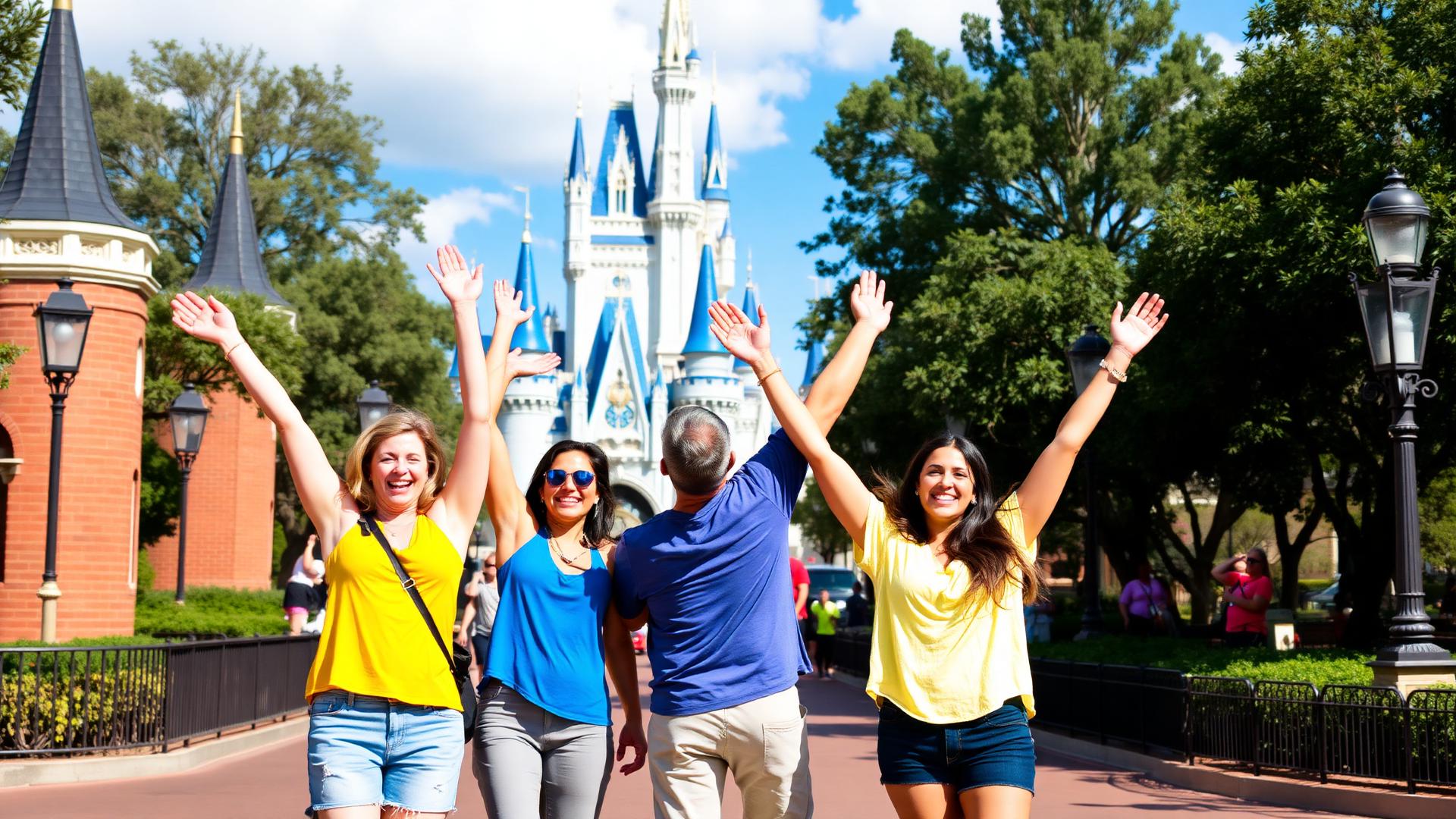 Grupo de amigos comemorando em frente ao castelo da Disney em Orlando
