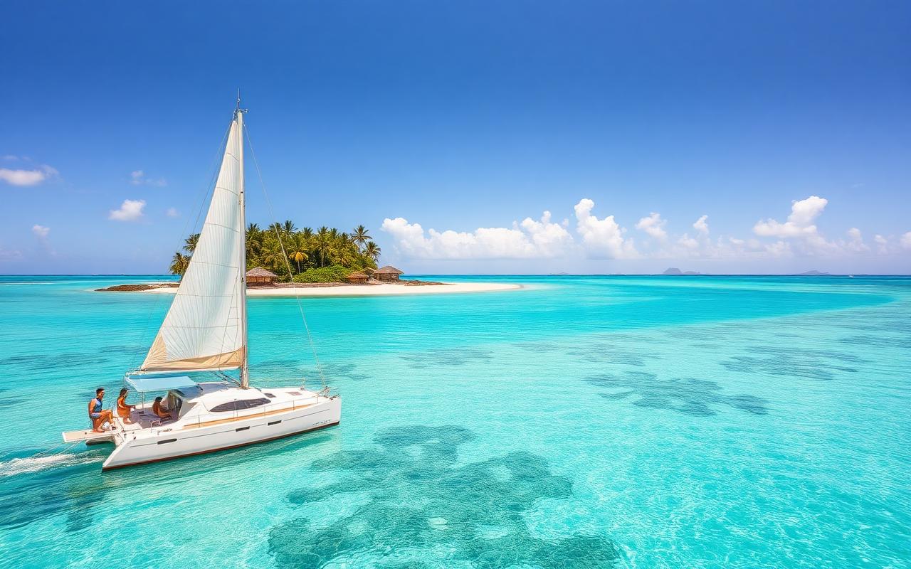 Catamarã navegando em águas cristalinas perto da Ilha Saona