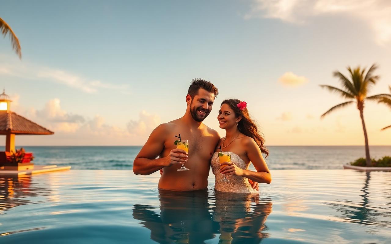 Casal celebrando lua de mel em resort à beira-mar em Punta Cana