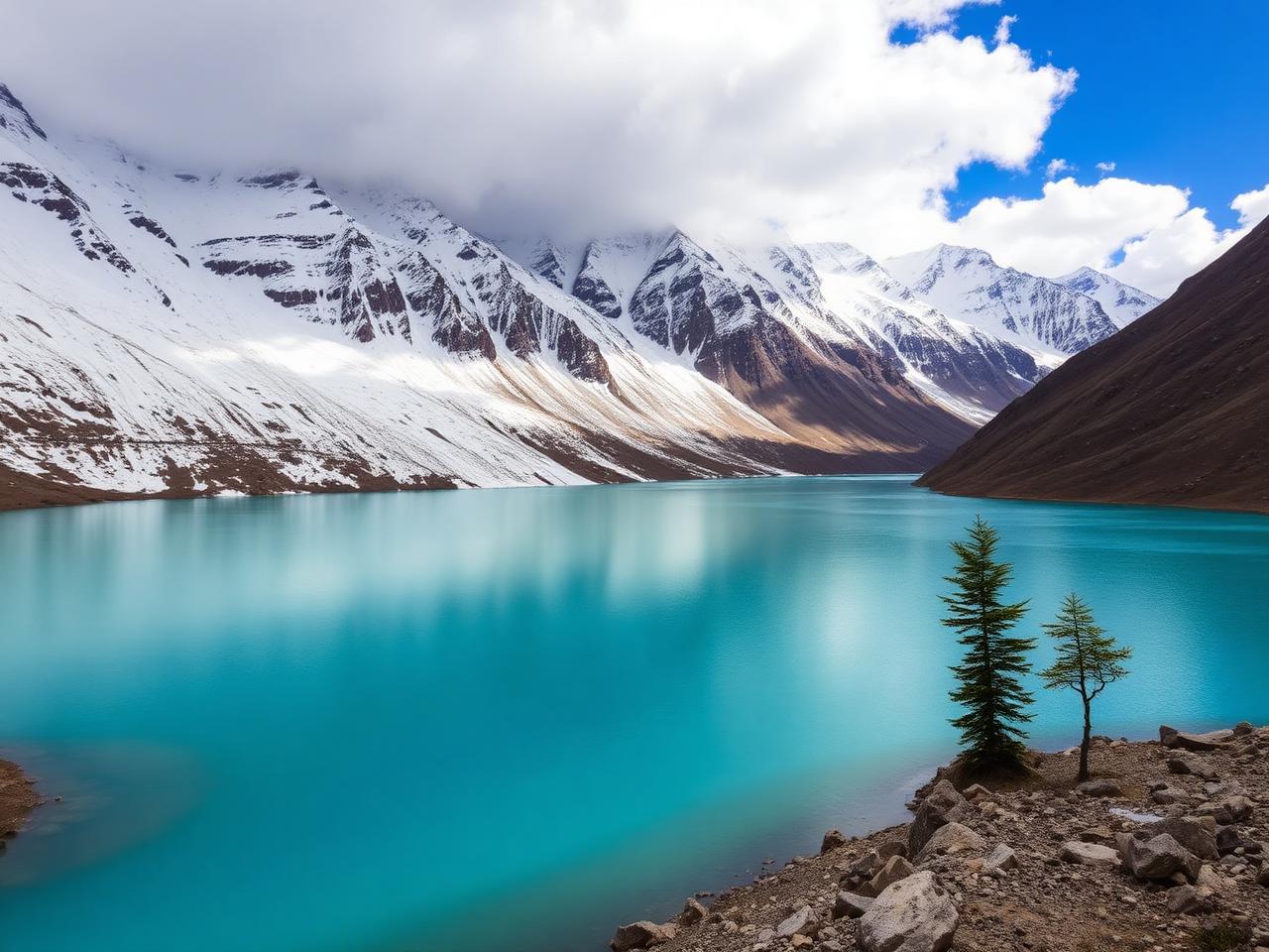 Embalse El Yeso com águas turquesa e montanhas nevadas