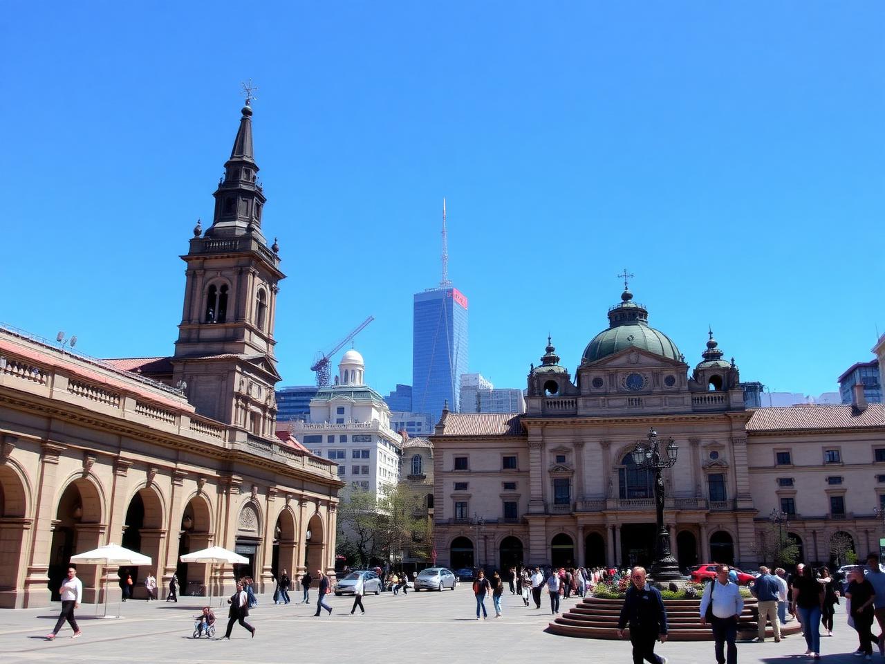 Centro histórico de Santiago com arquitetura colonial e arranha-céus