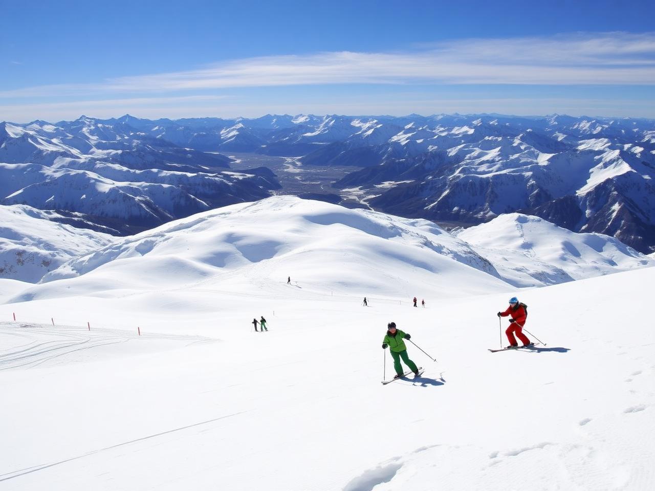 Esquiadores em Valle Nevado com Andes ao fundo