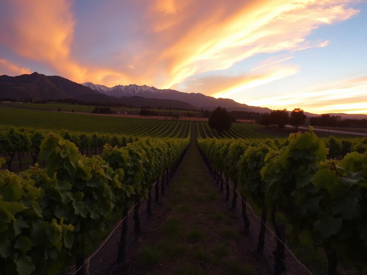 Vinícola chilena com parreirais e Andes ao fundo no entardecer
